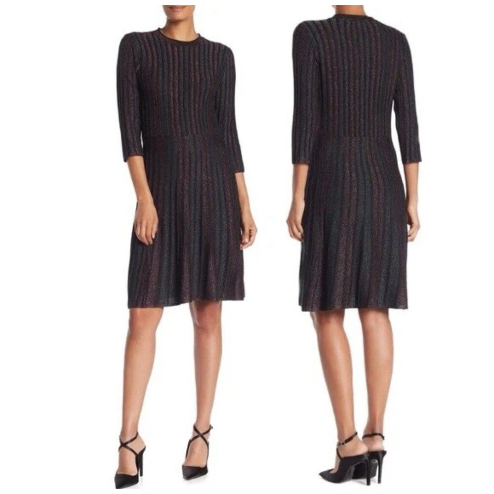 Nanette Lepore SMALL Fit & Flare Knit Dress Metallic Stripe Pleated 3/4 Sleeve